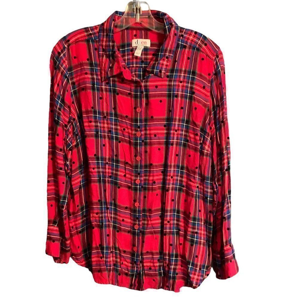 Denim&Co Long  Sleeve Button Down Multi-Color Dot Design Top Size Large